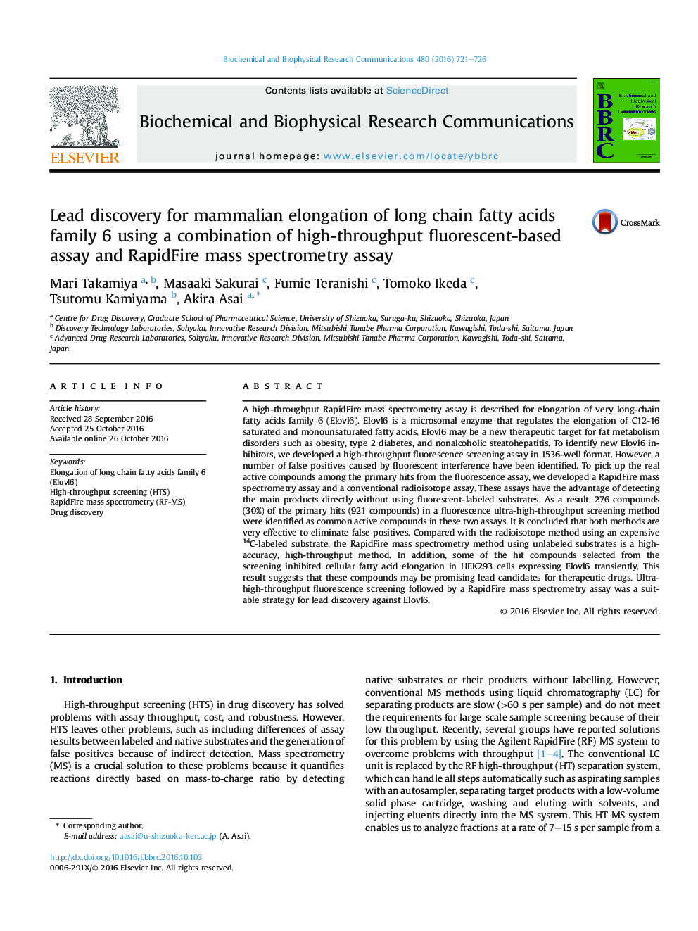 Lead discovery for mammalian elongation of long chain fatty acids family 6 using a combination of high-throughput fluorescent-based assay and RapidFire mass spectrometry assay