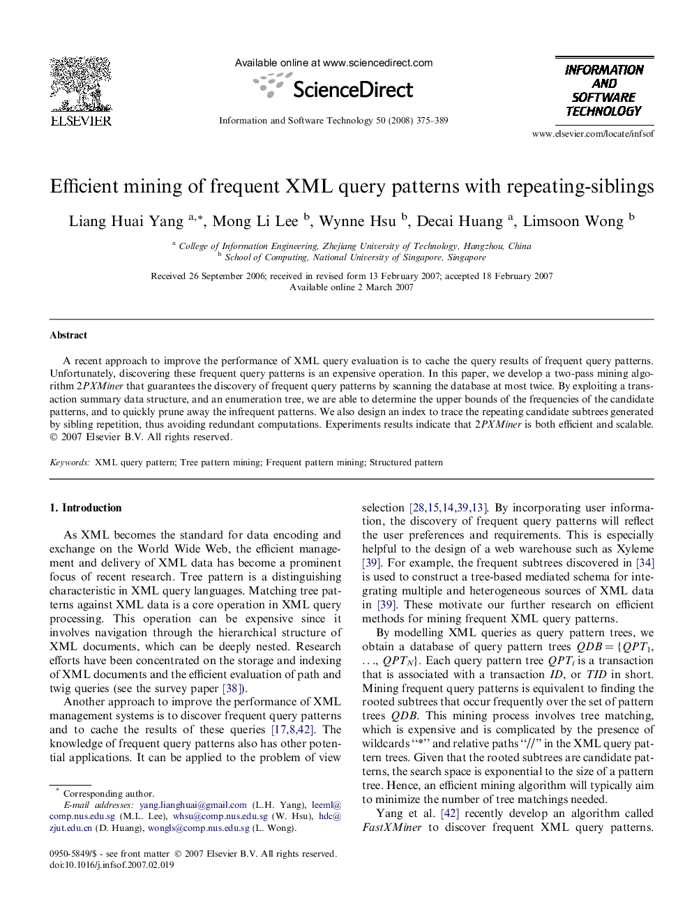 Efficient mining of frequent XML query patterns with repeating-siblings