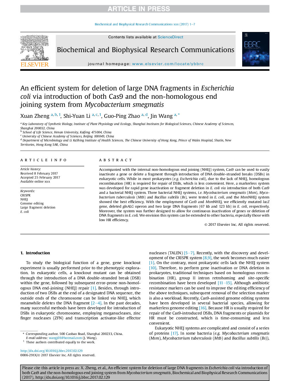 An efficient system for deletion of large DNA fragments in Escherichia coli via introduction of both Cas9 and the non-homologous end joining system from Mycobacterium smegmatis