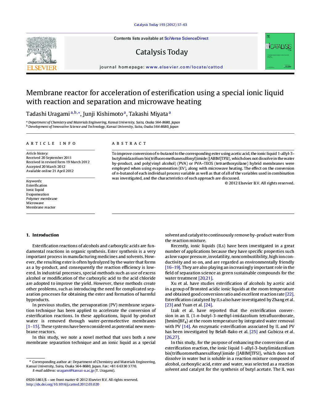 Membrane reactor for acceleration of esterification using a special ionic liquid with reaction and separation and microwave heating