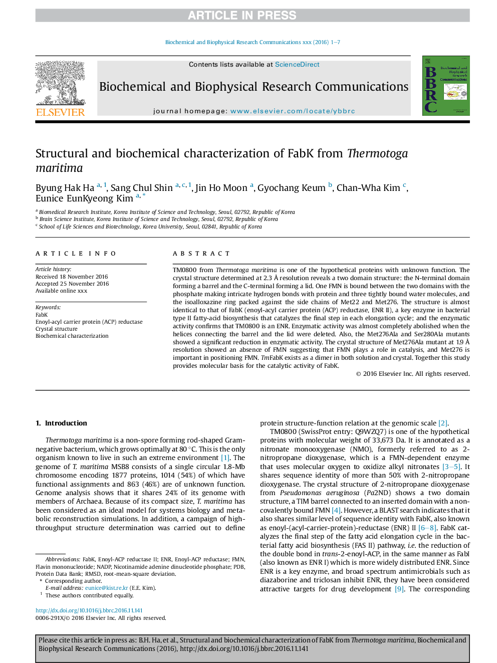 Structural and biochemical characterization of FabK from Thermotoga maritima