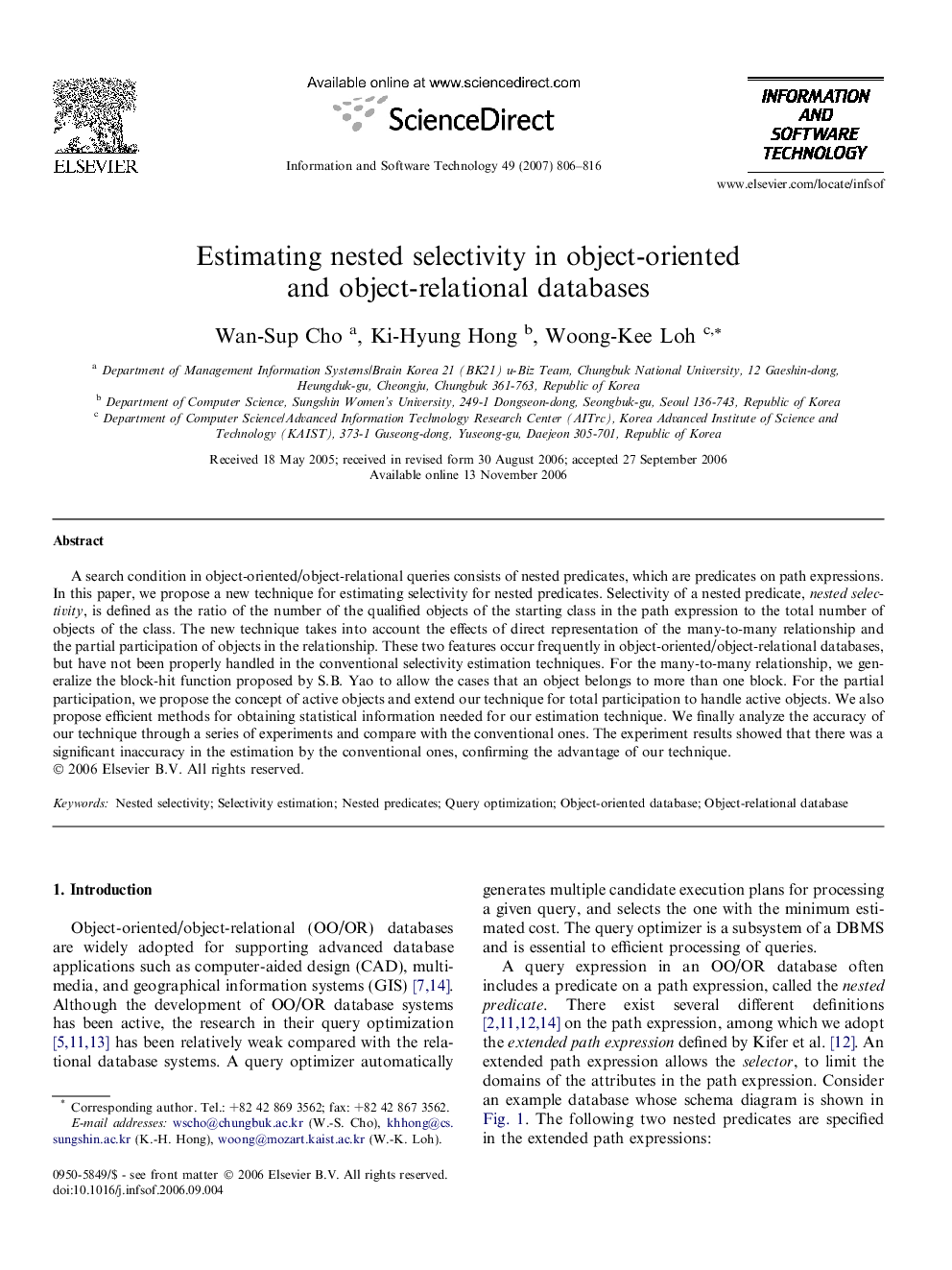 Estimating nested selectivity in object-oriented and object-relational databases