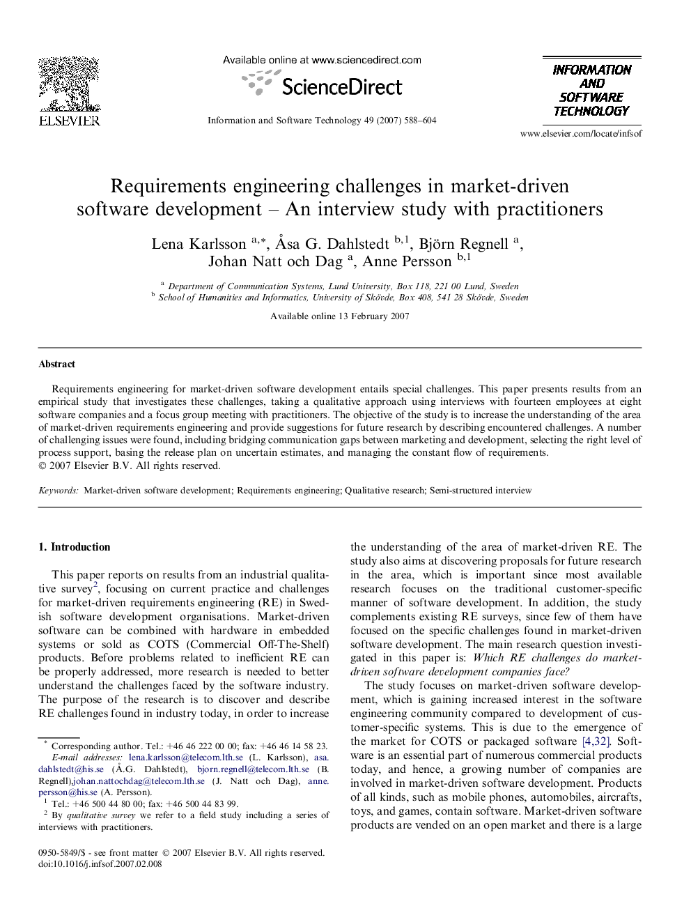 Requirements engineering challenges in market-driven software development – An interview study with practitioners