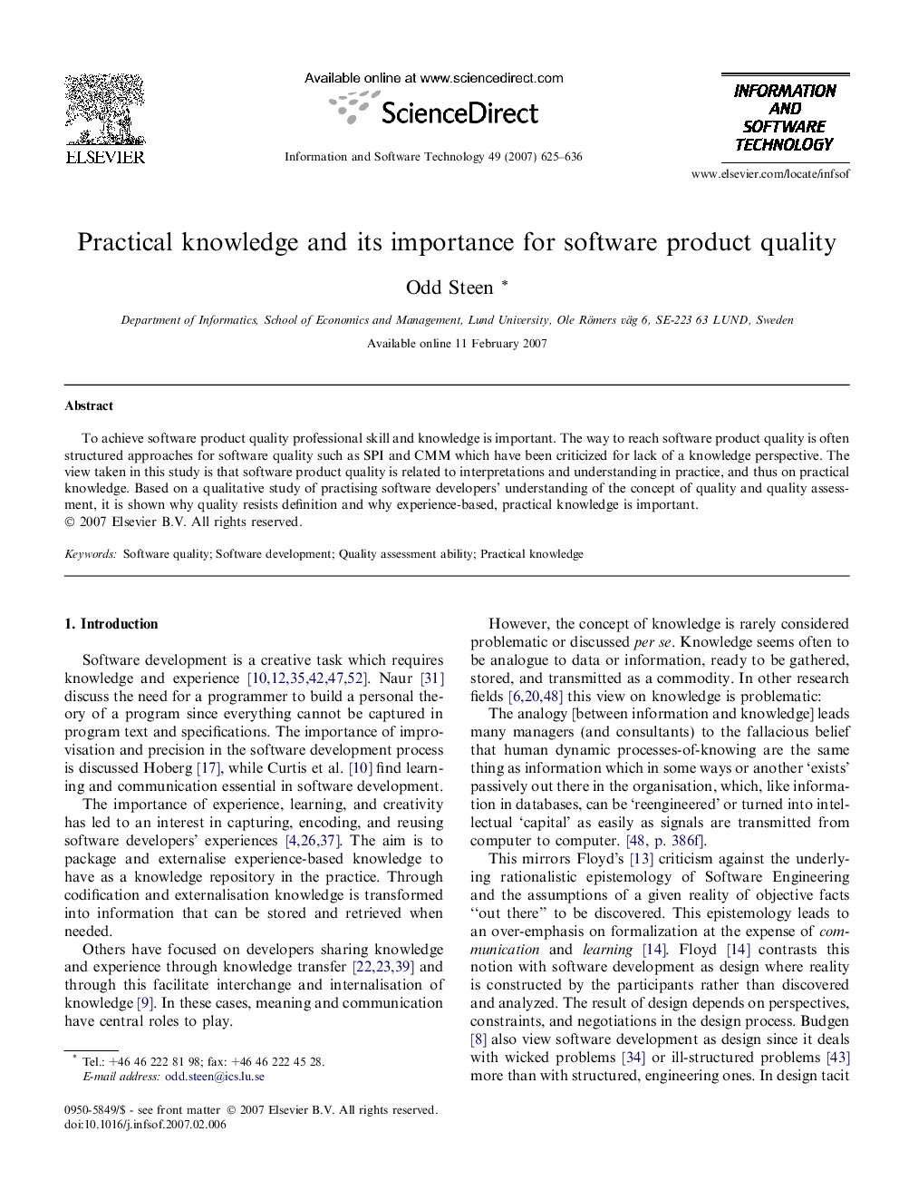 Practical knowledge and its importance for software product quality