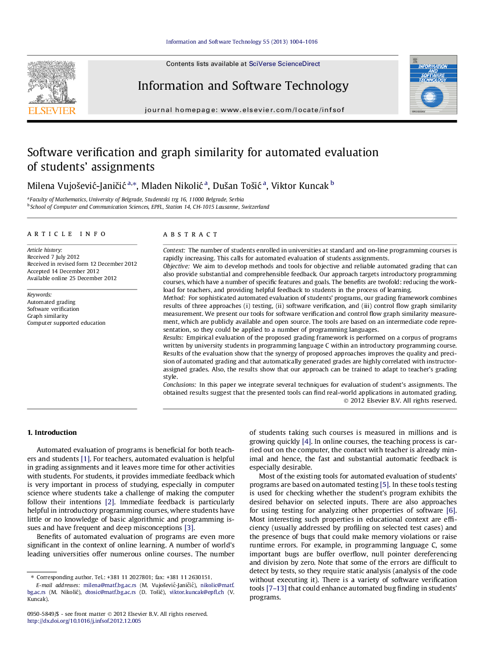 Software verification and graph similarity for automated evaluation of students’ assignments