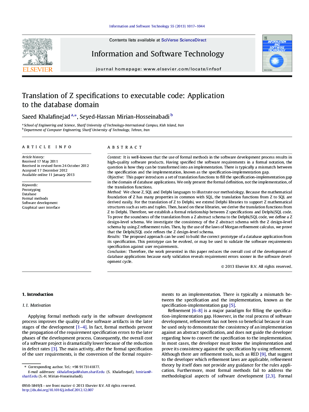 Translation of Z specifications to executable code: Application to the database domain