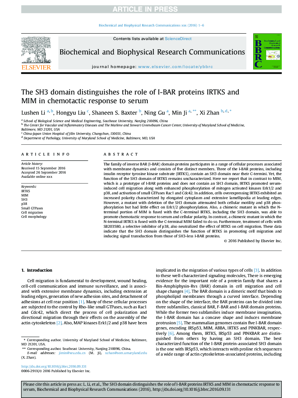 The SH3 domain distinguishes the role of I-BAR proteins IRTKS and MIM in chemotactic response to serum