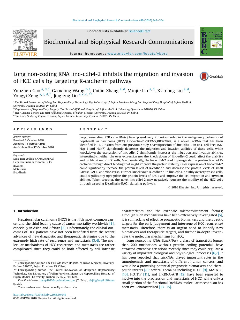 Long non-coding RNA linc-cdh4-2 inhibits the migration and invasion of HCC cells by targeting R-cadherin pathway