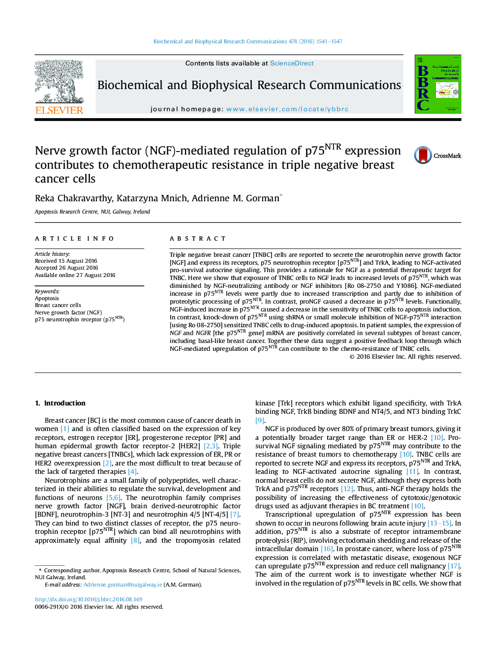 Nerve growth factor (NGF)-mediated regulation of p75NTR expression contributes to chemotherapeutic resistance in triple negative breast cancer cells