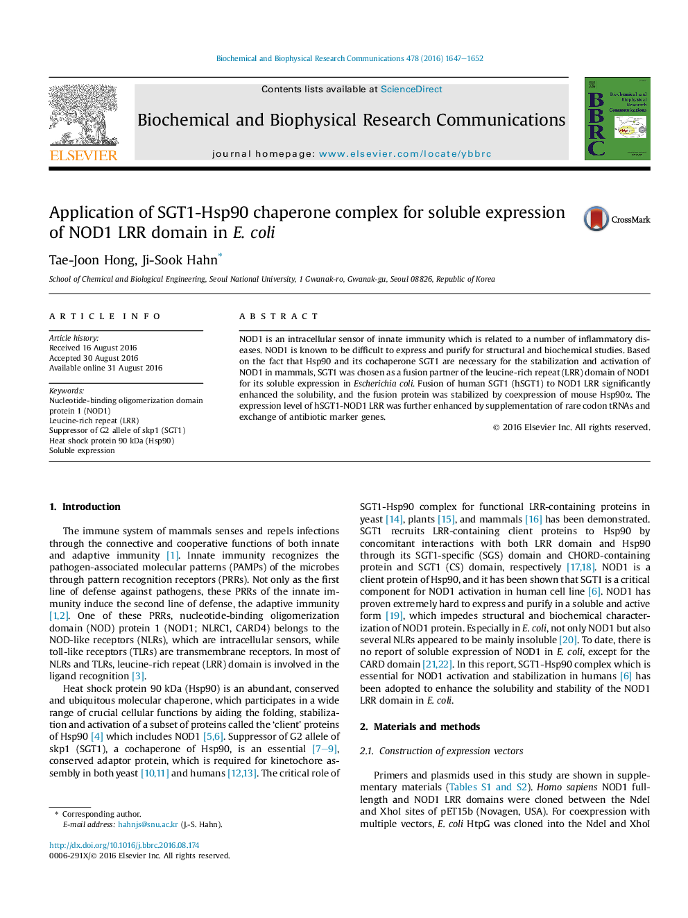 Application of SGT1-Hsp90 chaperone complex for soluble expression of NOD1 LRR domain in E.Â coli