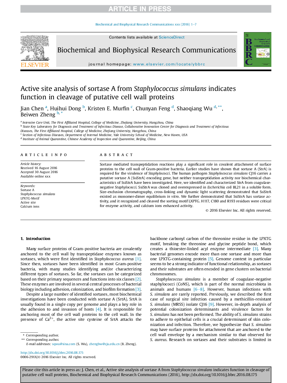 Active site analysis of sortase A from Staphylococcus simulans indicates function in cleavage of putative cell wall proteins