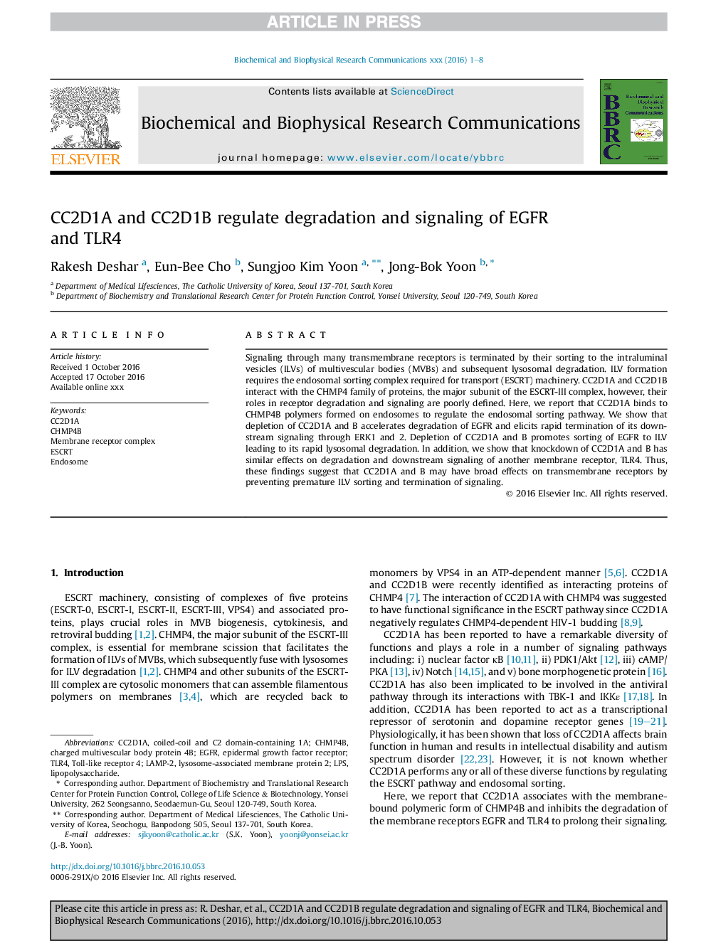 CC2D1A and CC2D1B regulate degradation and signaling of EGFR and TLR4