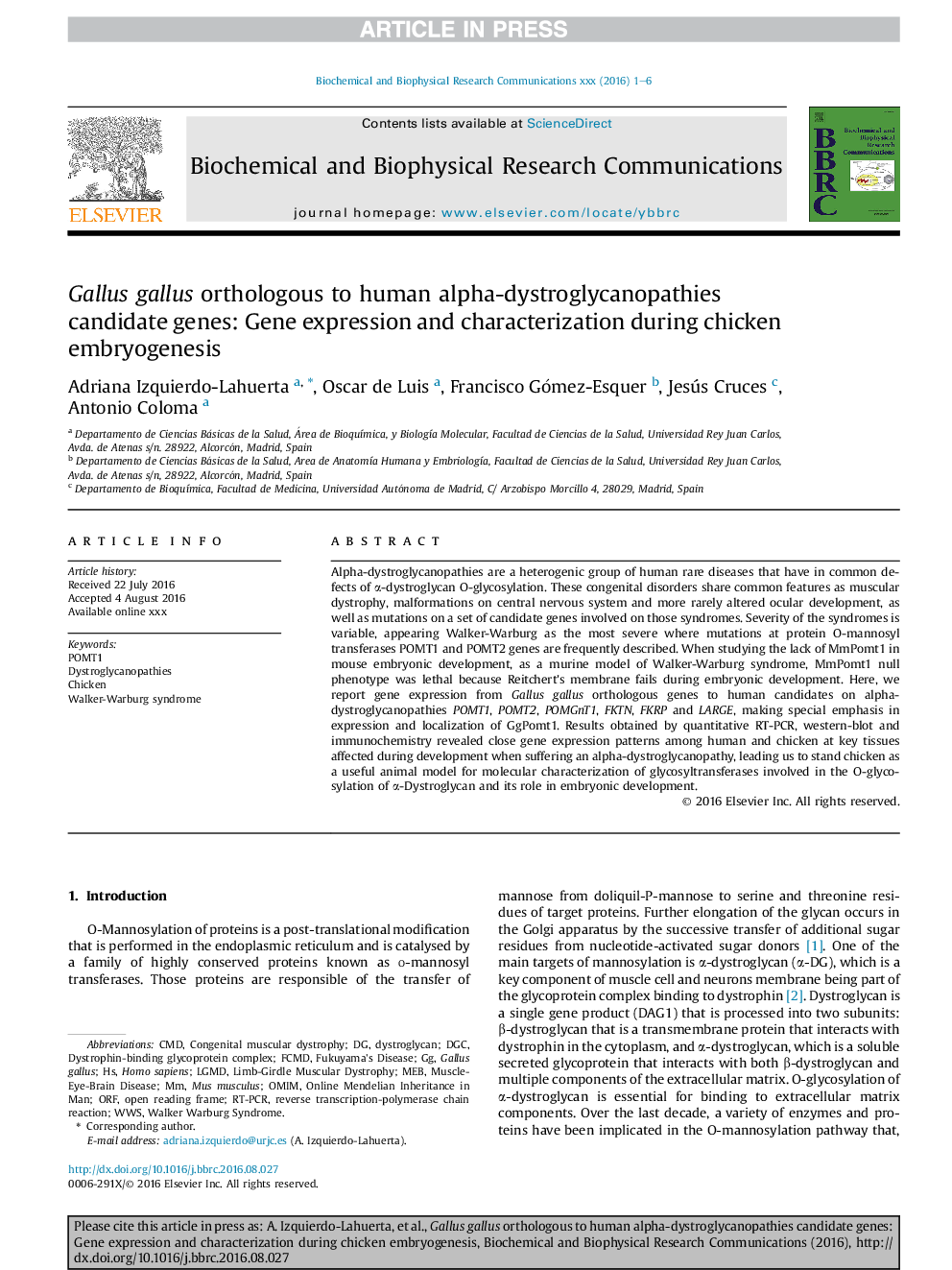 Gallus gallus orthologous to human alpha-dystroglycanopathies candidate genes: Gene expression and characterization during chicken embryogenesis