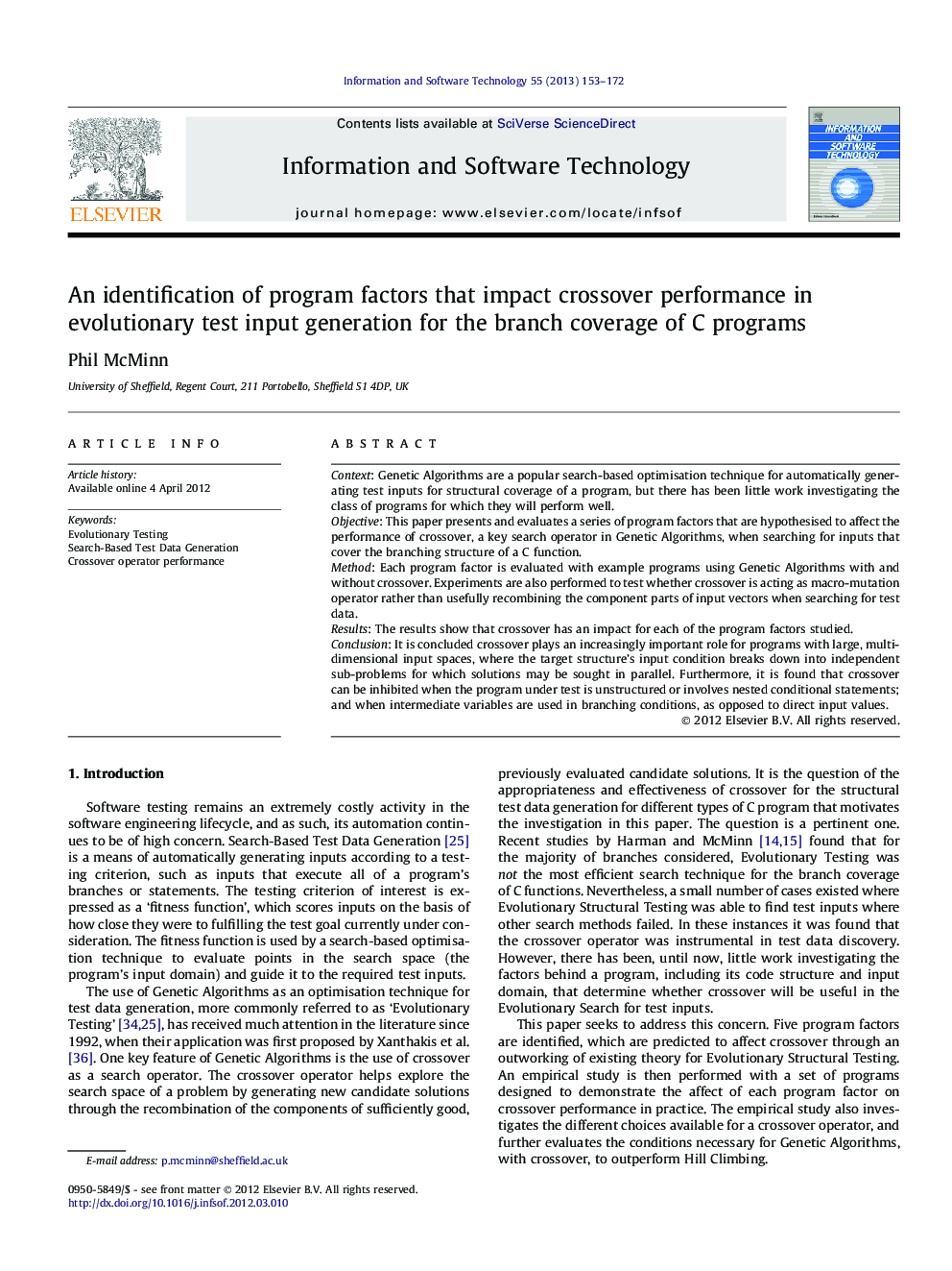 An identification of program factors that impact crossover performance in evolutionary test input generation for the branch coverage of C programs