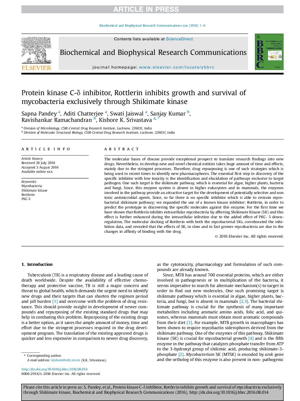 Protein kinase C-Î´ inhibitor, Rottlerin inhibits growth and survival of mycobacteria exclusively through Shikimate kinase