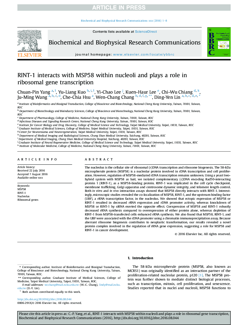 RINT-1 interacts with MSP58 within nucleoli and plays a role in ribosomal gene transcription