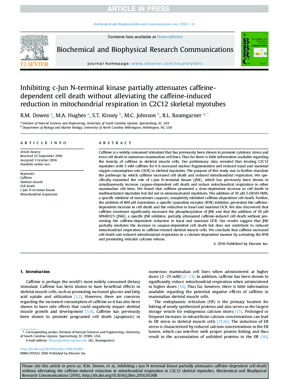 Inhibiting c-Jun N-terminal kinase partially attenuates caffeine-dependent cell death without alleviating the caffeine-induced reduction in mitochondrial respiration in C2C12 skeletal myotubes