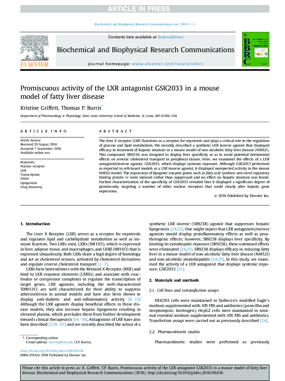 Promiscuous activity of the LXR antagonist GSK2033 in a mouse model of fatty liver disease