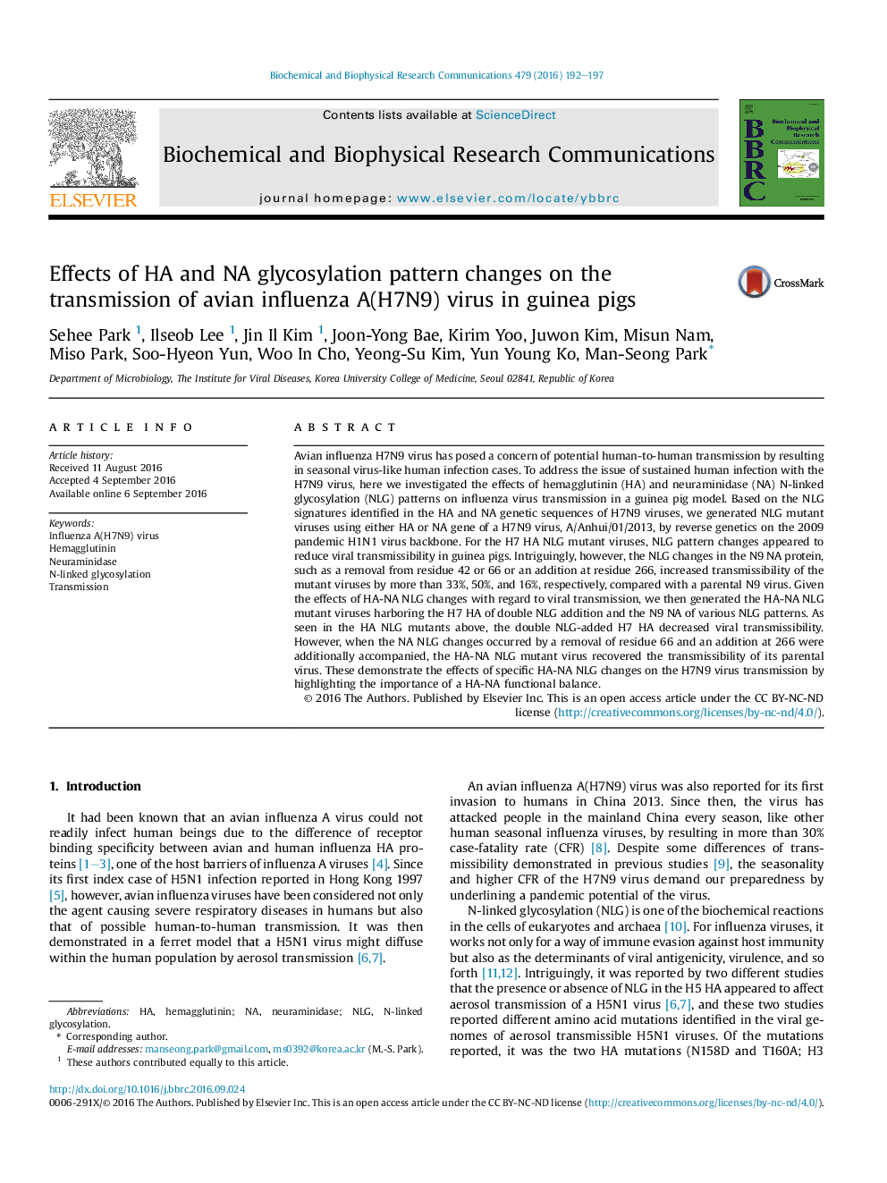 Effects of HA and NA glycosylation pattern changes on the transmission of avian influenza A(H7N9) virus in guinea pigs