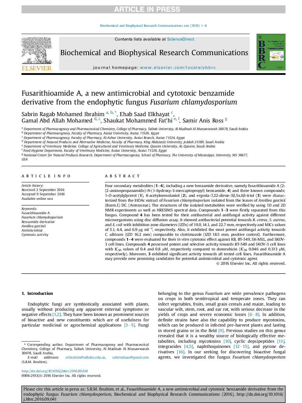 Fusarithioamide A, a new antimicrobial and cytotoxic benzamide derivative from the endophytic fungus Fusarium chlamydosporium