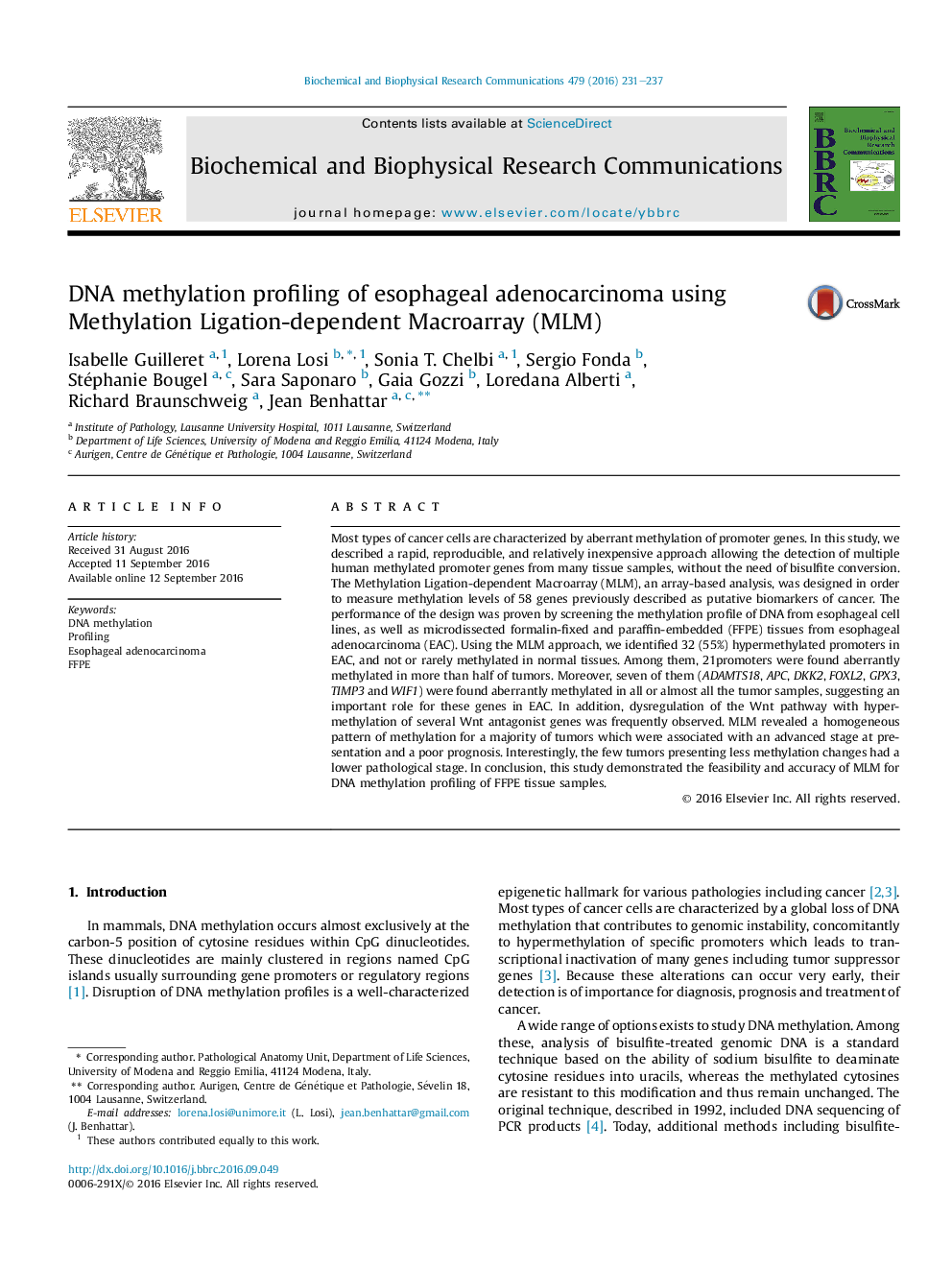 DNA methylation profiling of esophageal adenocarcinoma using Methylation Ligation-dependent Macroarray (MLM)