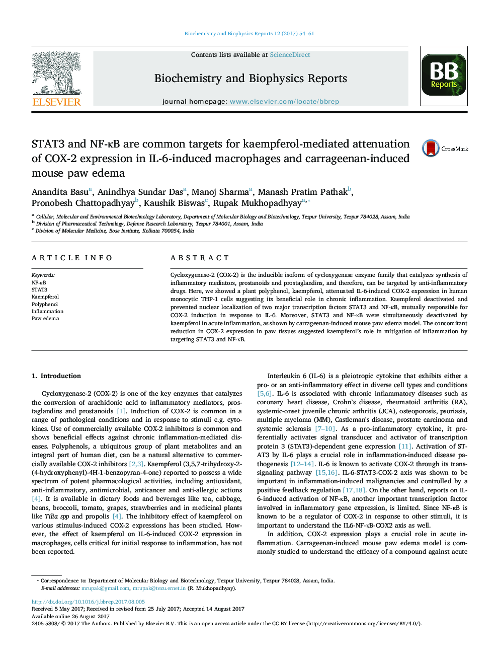 STAT3 and NF-ÎºB are common targets for kaempferol-mediated attenuation of COX-2 expression in IL-6-induced macrophages and carrageenan-induced mouse paw edema