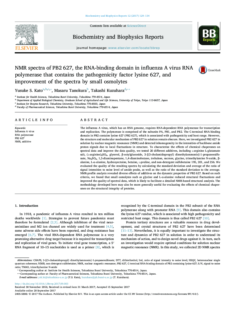 NMR spectra of PB2 627, the RNA-binding domain in influenza A virus RNA polymerase that contains the pathogenicity factor lysine 627, and improvement of the spectra by small osmolytes