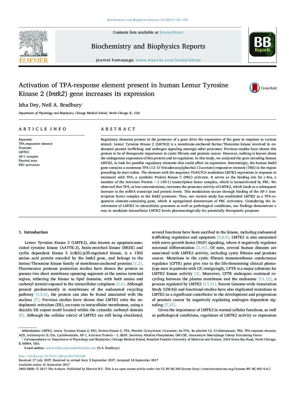 Activation of TPA-response element present in human Lemur Tyrosine Kinase 2 (lmtk2) gene increases its expression