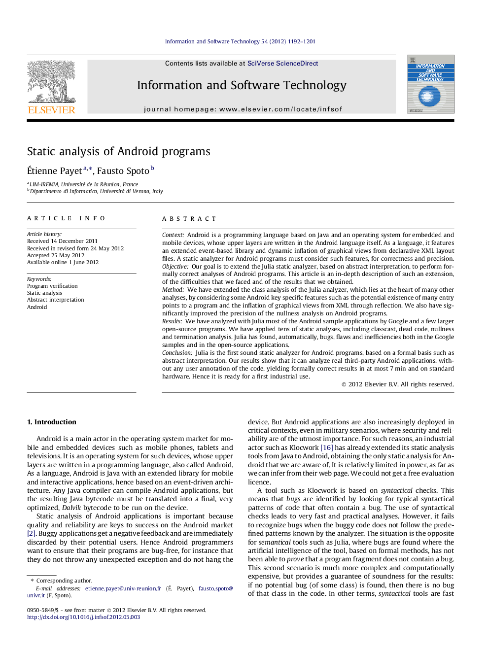 Static analysis of Android programs