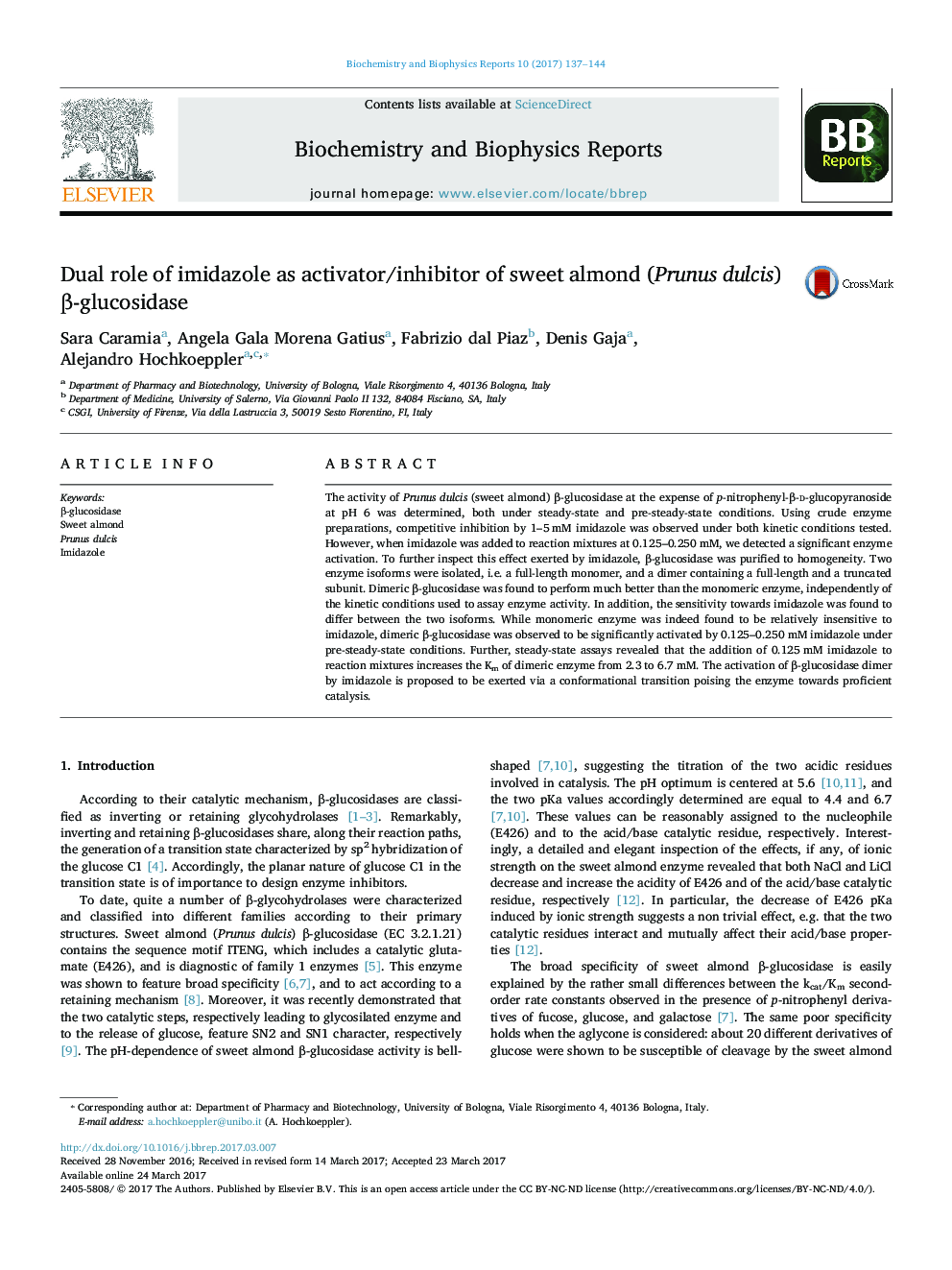 Dual role of imidazole as activator/inhibitor of sweet almond (Prunus dulcis) Î²-glucosidase