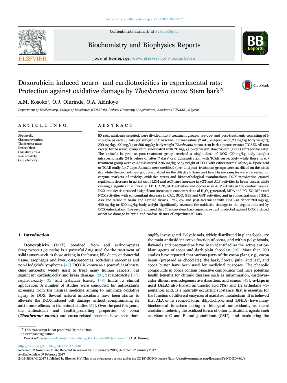 Doxorubicin induced neuro- and cardiotoxicities in experimental rats: Protection against oxidative damage by Theobroma cacao Stem bark