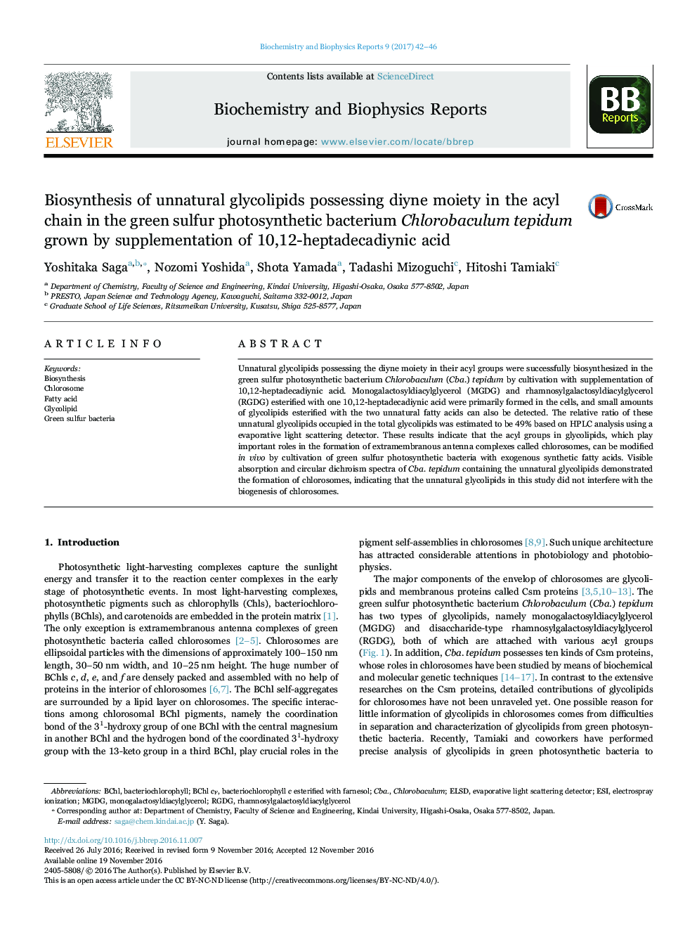 Biosynthesis of unnatural glycolipids possessing diyne moiety in the acyl chain in the green sulfur photosynthetic bacterium Chlorobaculum tepidum grown by supplementation of 10,12-heptadecadiynic acid