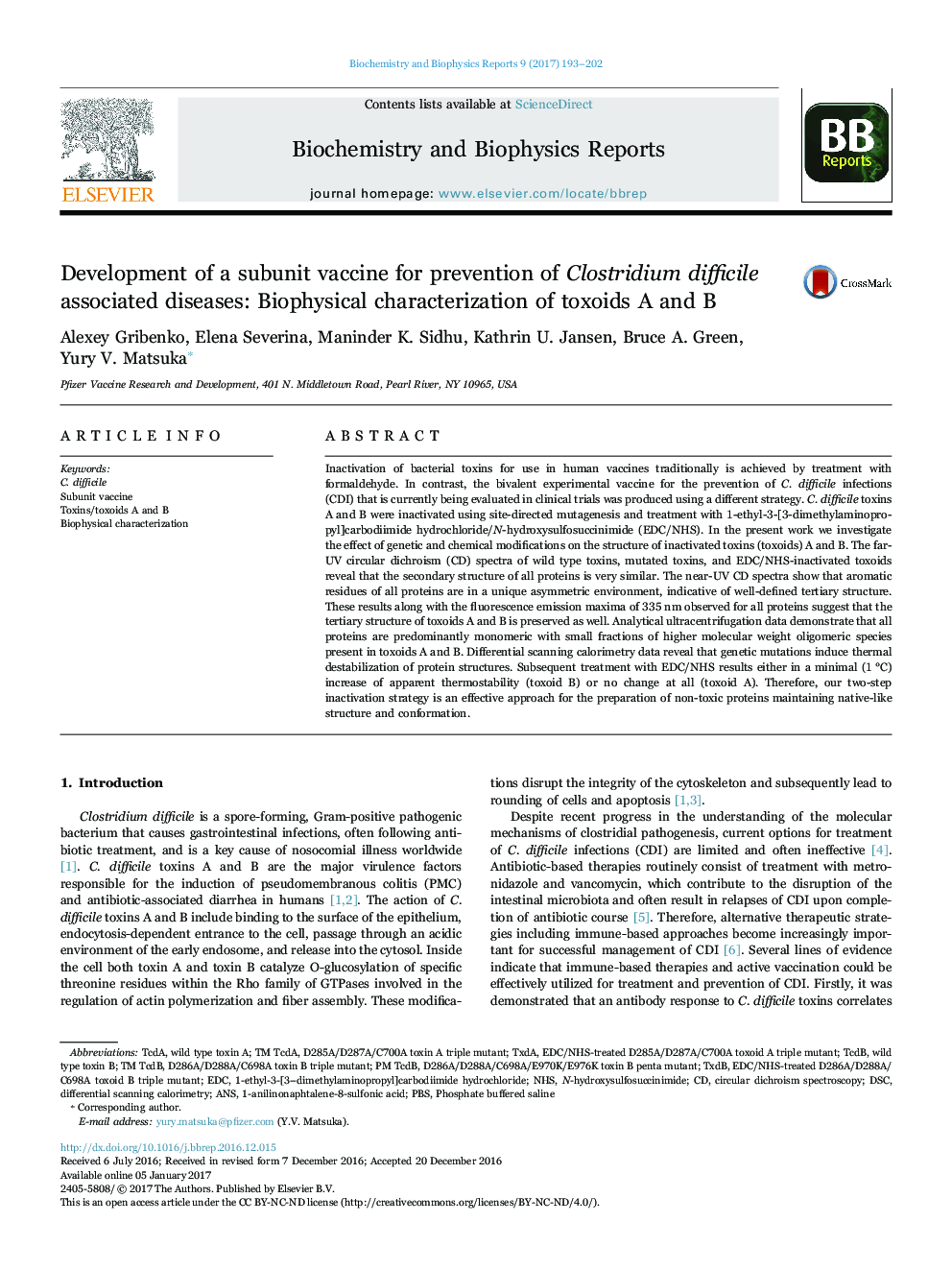 Development of a subunit vaccine for prevention of Clostridium difficile associated diseases: Biophysical characterization of toxoids A and B