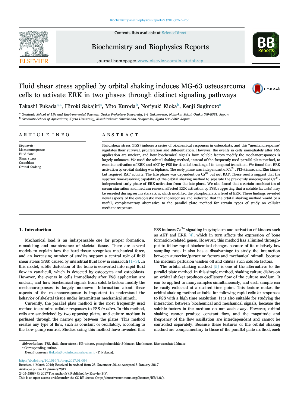 Fluid shear stress applied by orbital shaking induces MG-63 osteosarcoma cells to activate ERK in two phases through distinct signaling pathways