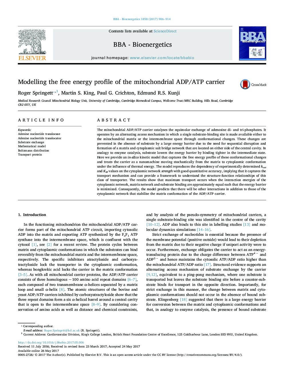 Modelling the free energy profile of the mitochondrial ADP/ATP carrier