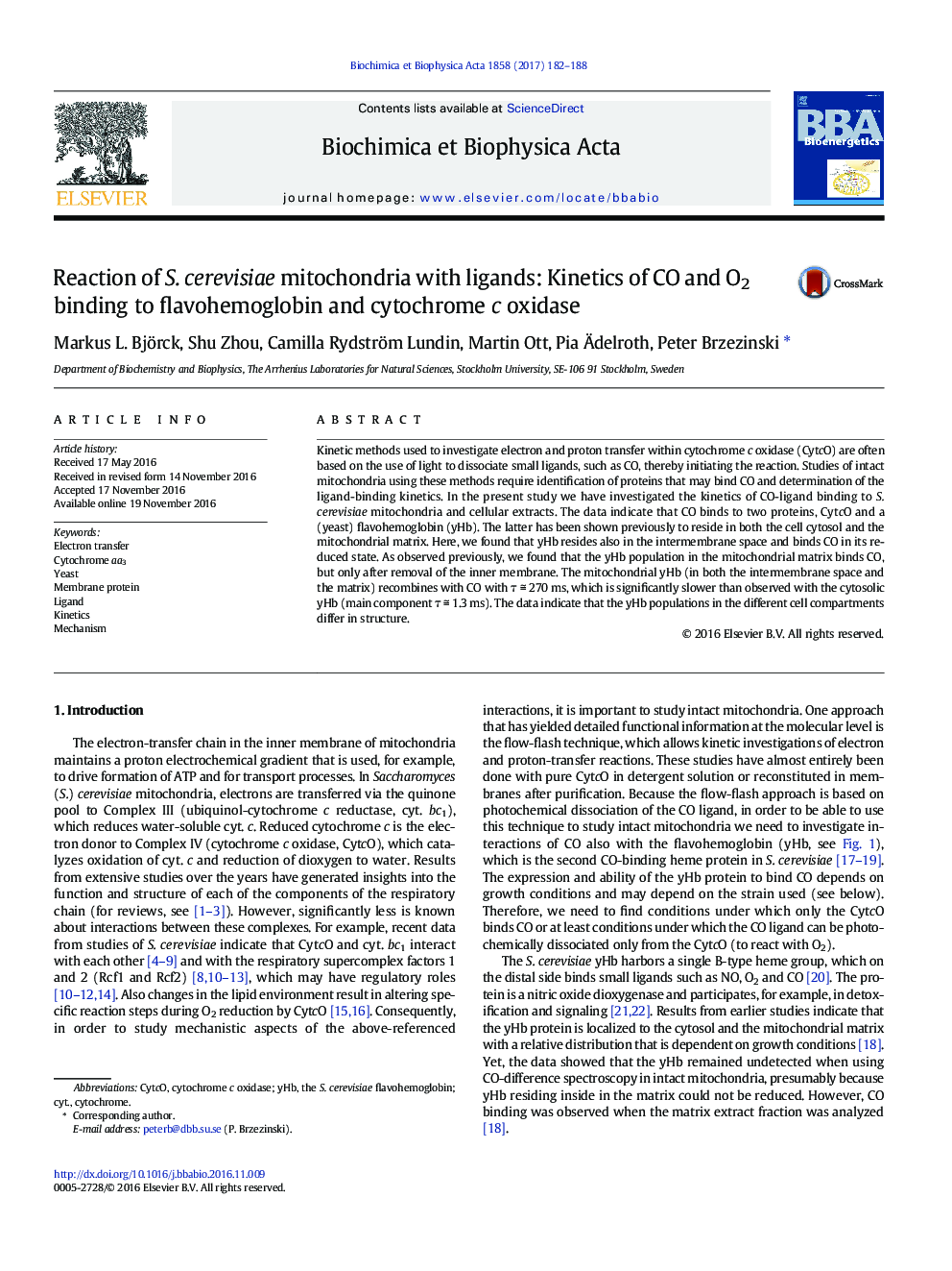 Reaction of S. cerevisiae mitochondria with ligands: Kinetics of CO and O2 binding to flavohemoglobin and cytochrome c oxidase