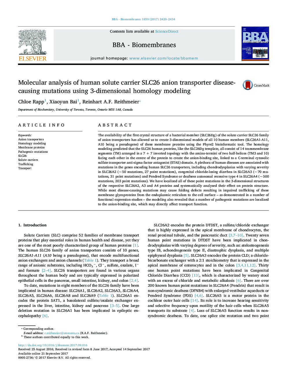 Molecular analysis of human solute carrier SLC26 anion transporter disease-causing mutations using 3-dimensional homology modeling