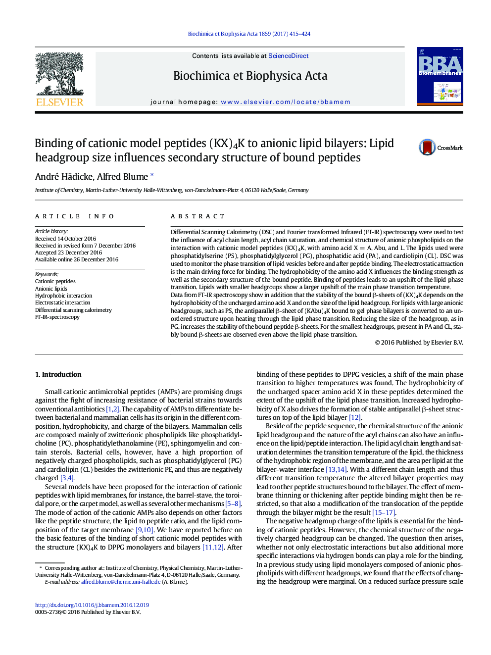 Binding of cationic model peptides (KX)4K to anionic lipid bilayers: Lipid headgroup size influences secondary structure of bound peptides