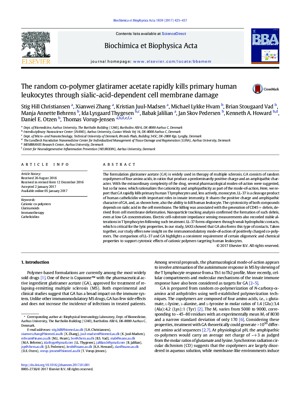 The random co-polymer glatiramer acetate rapidly kills primary human leukocytes through sialic-acid-dependent cell membrane damage