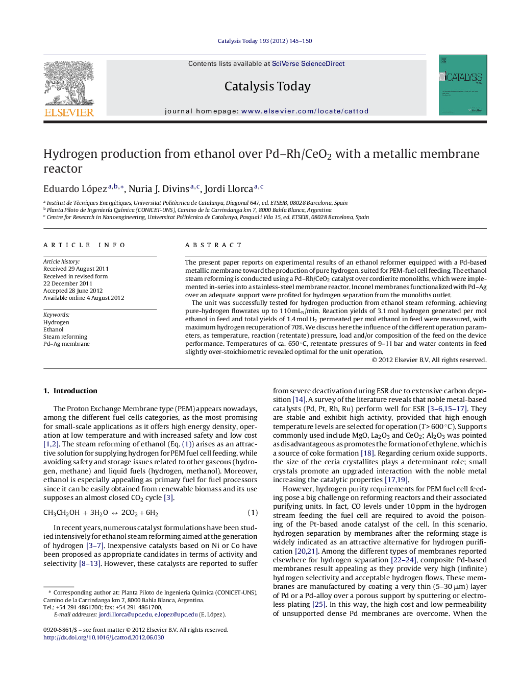 Hydrogen production from ethanol over Pd–Rh/CeO2 with a metallic membrane reactor