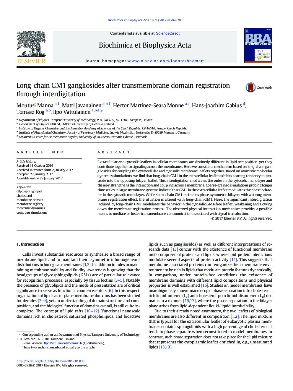 Long-chain GM1 gangliosides alter transmembrane domain registration through interdigitation