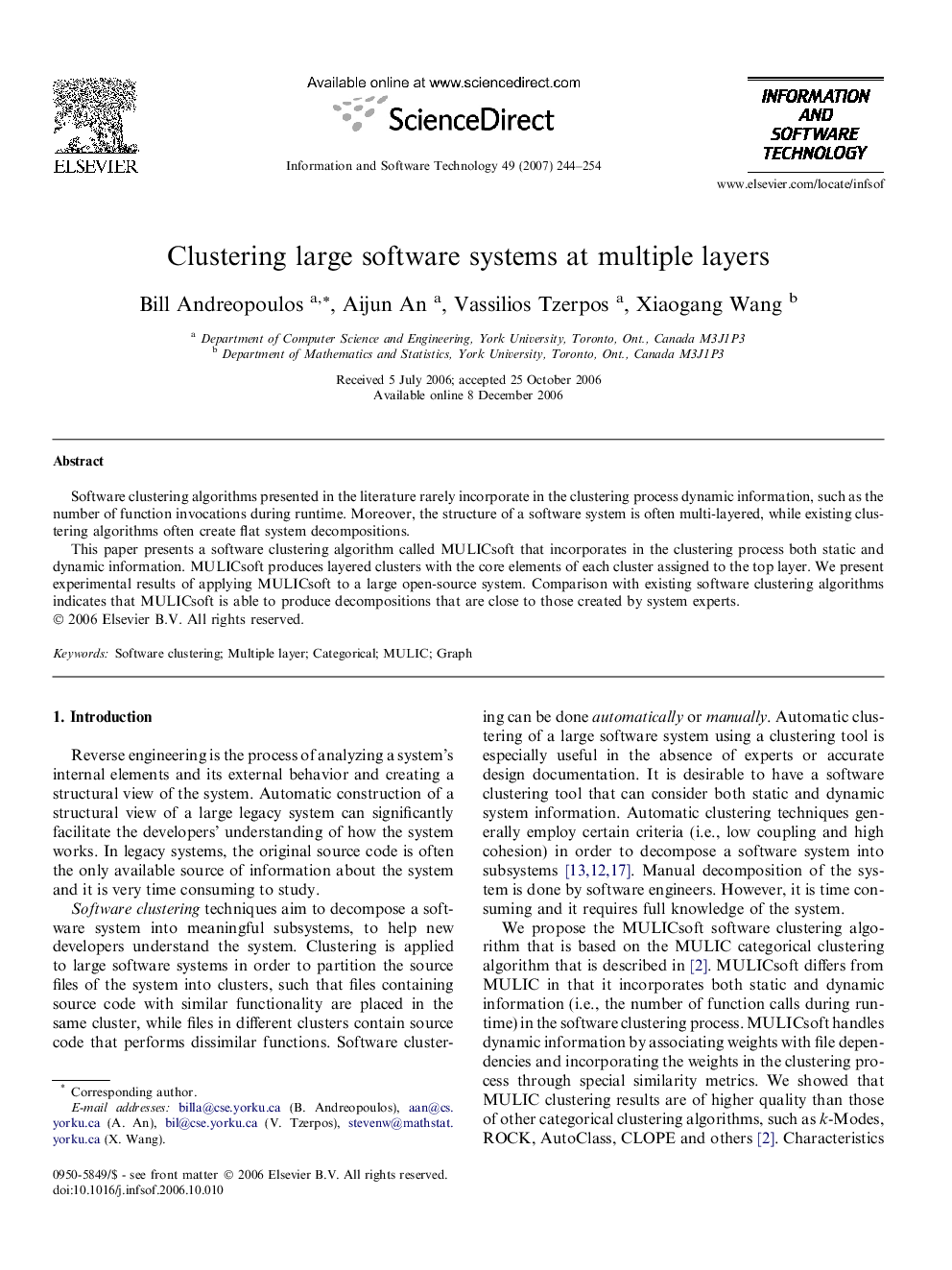 عکس صفحه اول مقاله: Clustering large software systems at multiple layers Clustering large software systems at multiple layers