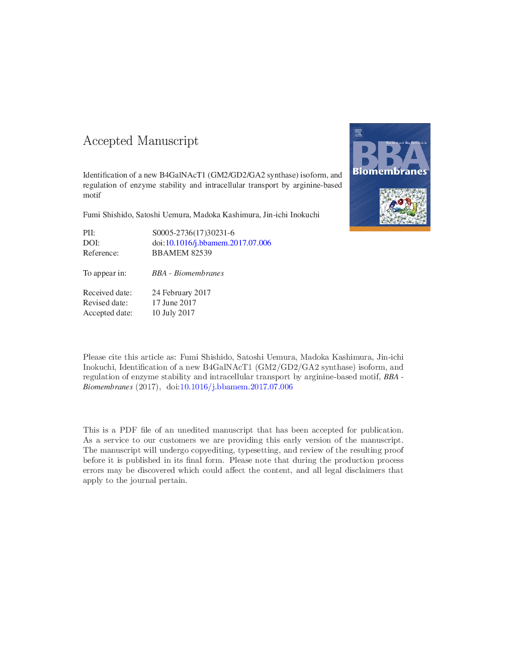 Identification of a new B4GalNAcT1 (GM2/GD2/GA2 synthase) isoform, and regulation of enzyme stability and intracellular transport by arginine-based motif