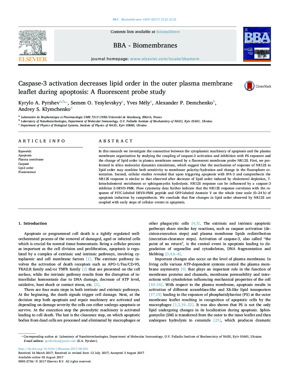 Caspase-3 activation decreases lipid order in the outer plasma membrane leaflet during apoptosis: A fluorescent probe study