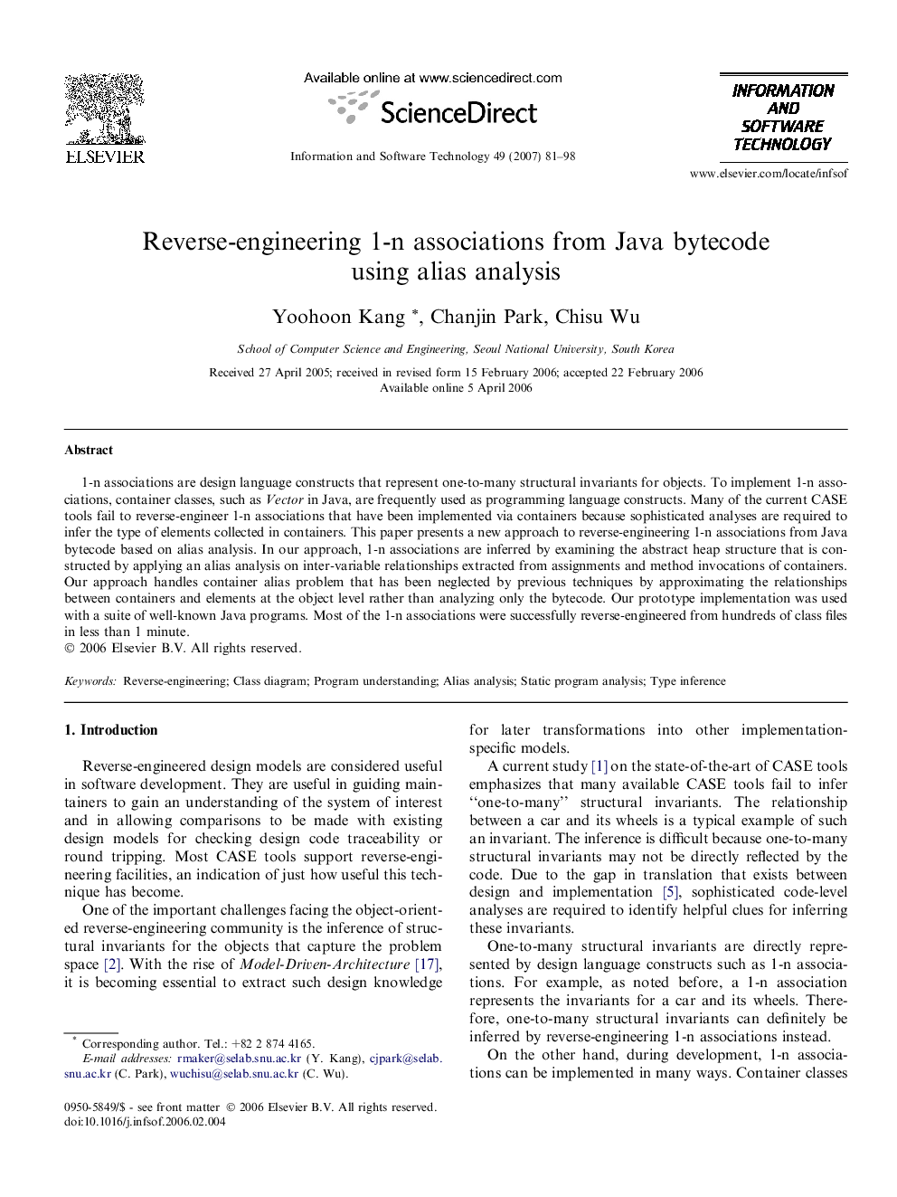 Reverse-engineering 1-n associations from Java bytecode using alias analysis