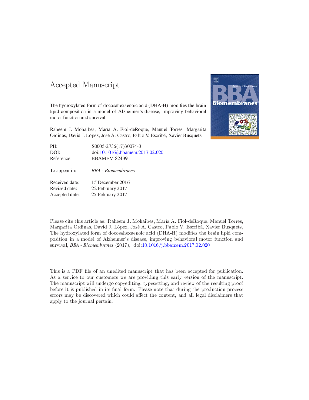 The hydroxylated form of docosahexaenoic acid (DHA-H) modifies the brain lipid composition in a model of Alzheimer's disease, improving behavioral motor function and survival