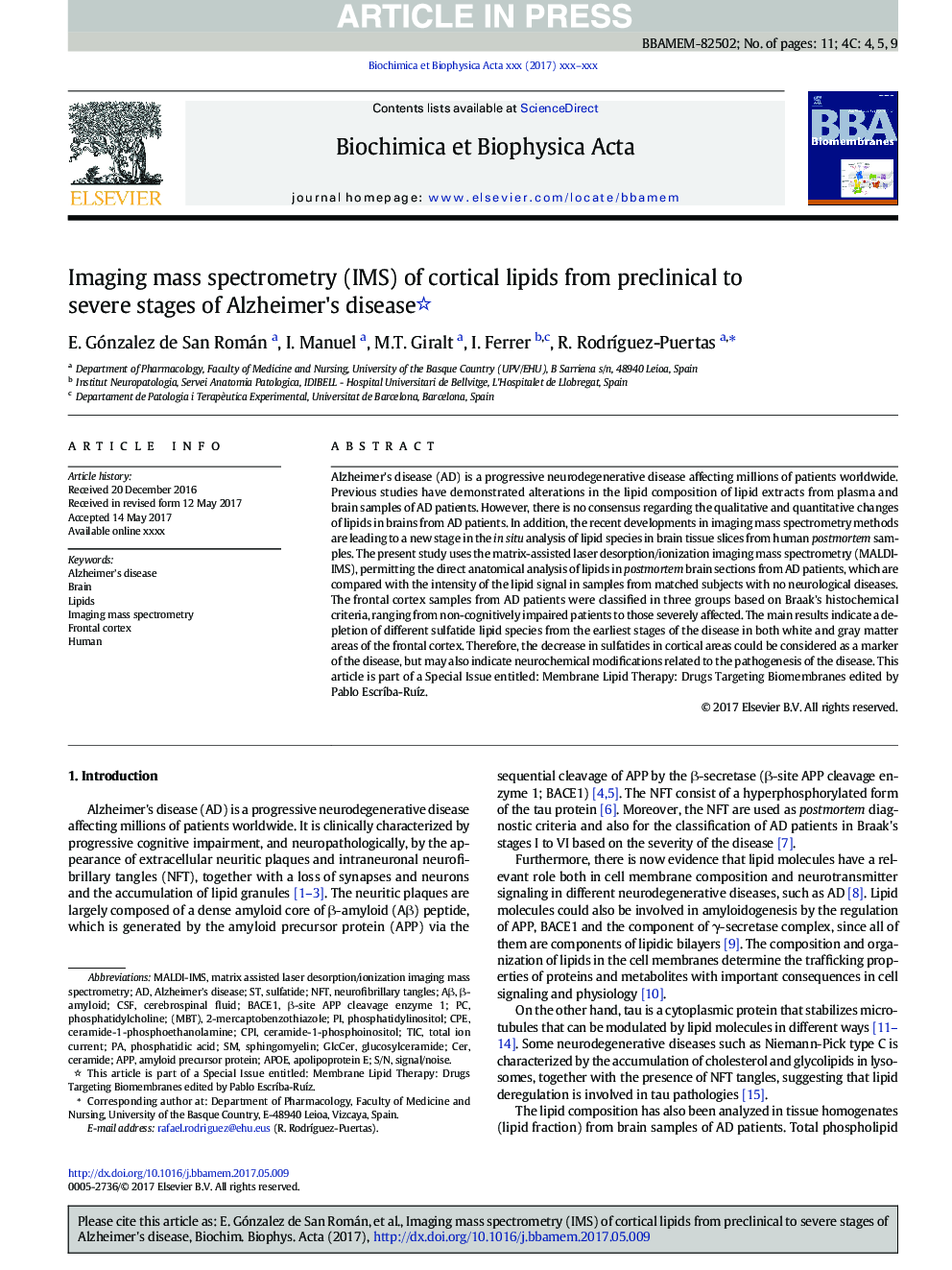 Imaging mass spectrometry (IMS) of cortical lipids from preclinical to severe stages of Alzheimer's disease