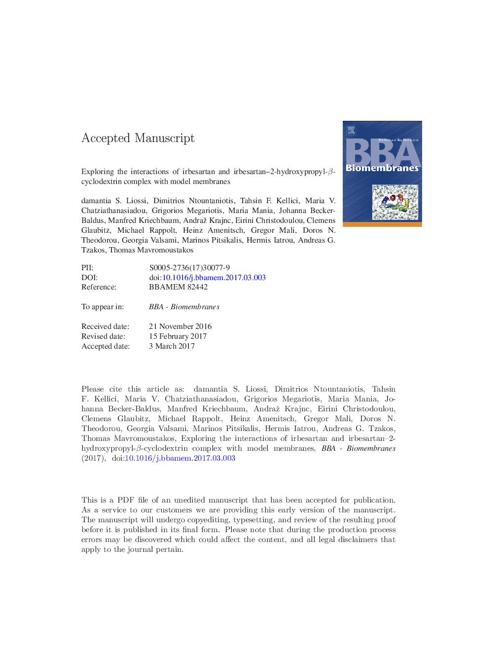 Exploring the interactions of irbesartan and irbesartan-2-hydroxypropyl-Î²-cyclodextrin complex with model membranes