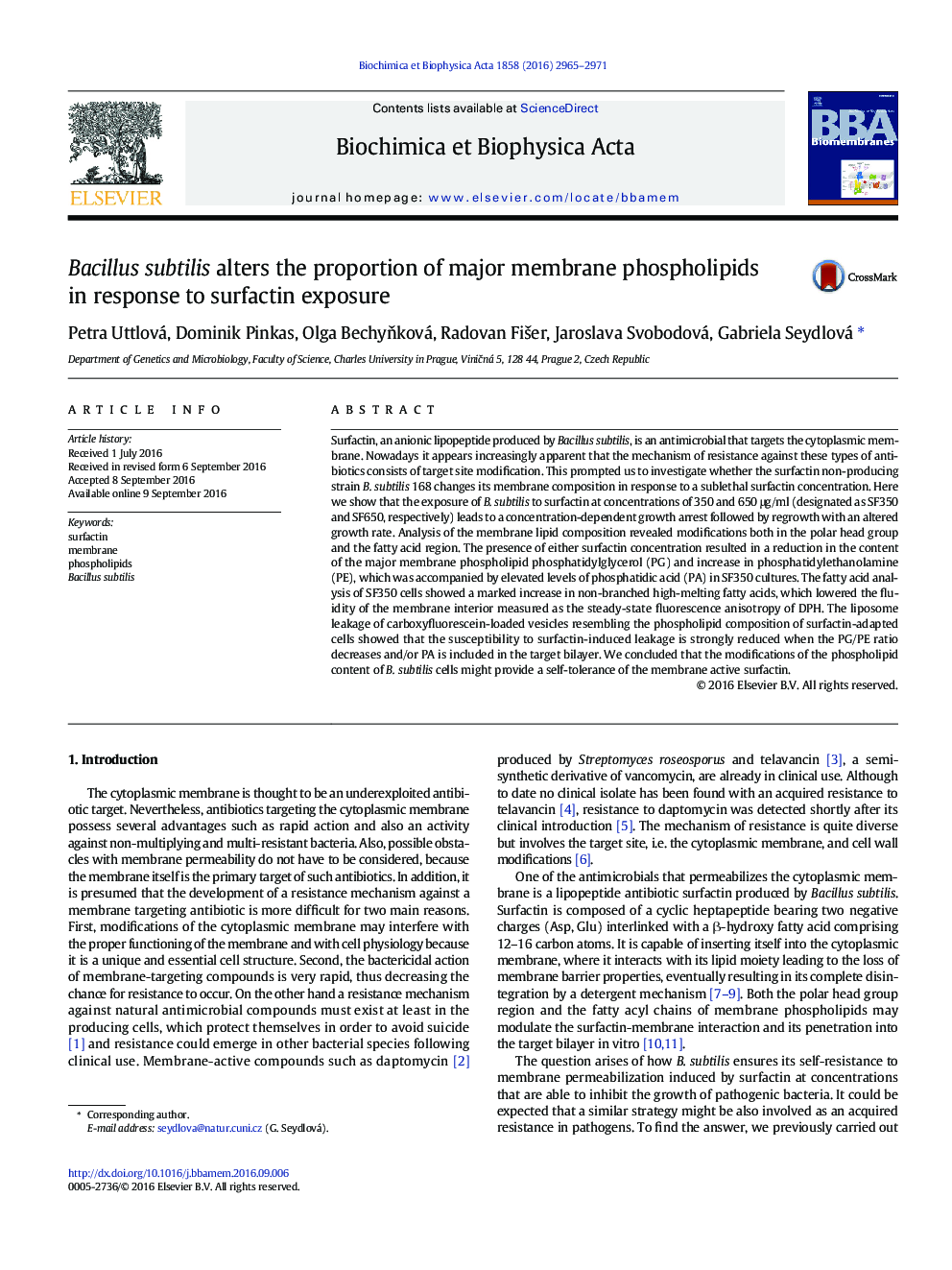 Bacillus subtilis alters the proportion of major membrane phospholipids in response to surfactin exposure