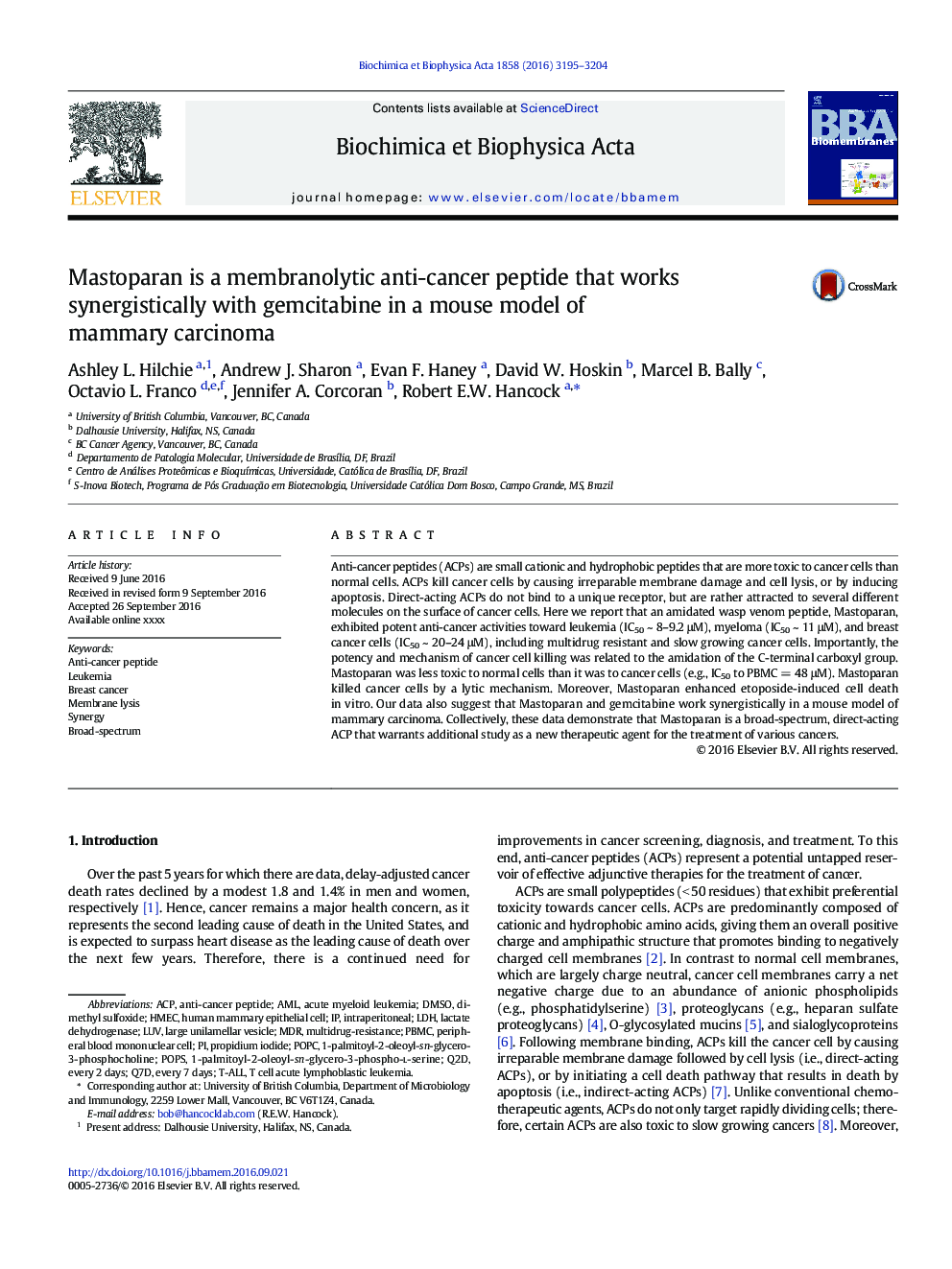 Mastoparan is a membranolytic anti-cancer peptide that works synergistically with gemcitabine in a mouse model of mammary carcinoma